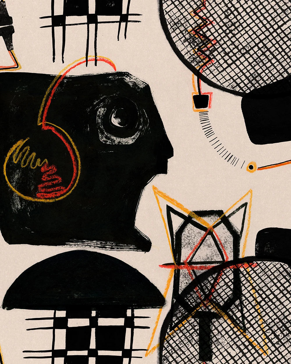 Abstract black-and-white drawing with geometric shapes, a face profile, grid patterns, and red-yellow accents.