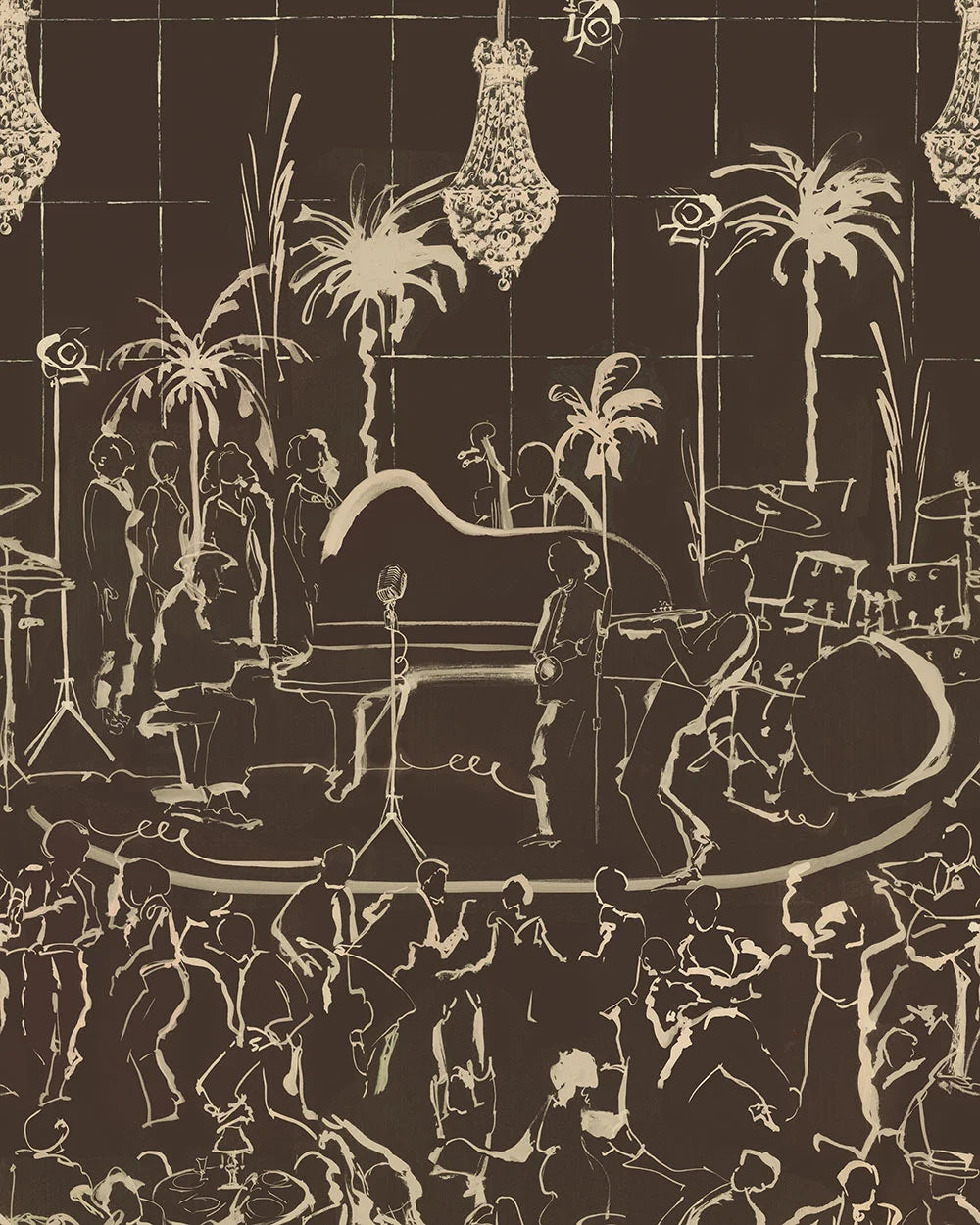 Sepia-toned version of jazz mural wallpaper showing piano, musicians, chandeliers, and dancing silhouettes.