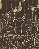 Sepia-toned version of jazz mural wallpaper showing piano, musicians, chandeliers, and dancing silhouettes.
