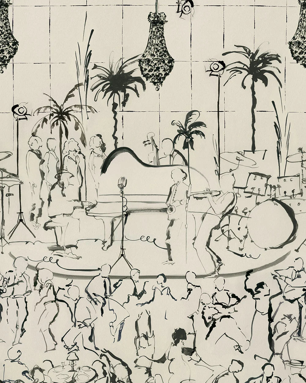 Detailed view of black-and-white jazz mural with chandeliers, palm trees, piano, and dancing figures.