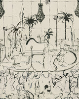 Detailed view of black-and-white jazz mural with chandeliers, palm trees, piano, and dancing figures.