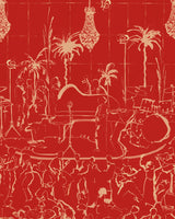Red monochrome version of jazz mural wallpaper with chandeliers, palm trees, piano, and dancing figures.