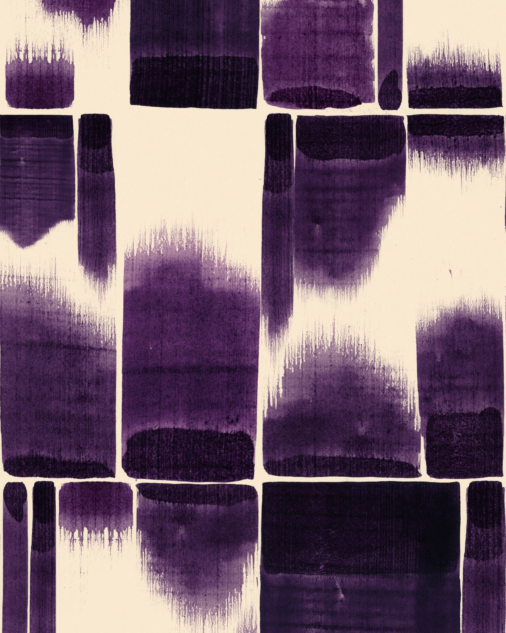 Bold purple abstract block pattern on cream background with watercolour texture