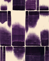 Bold purple abstract block pattern on cream background with watercolour texture
