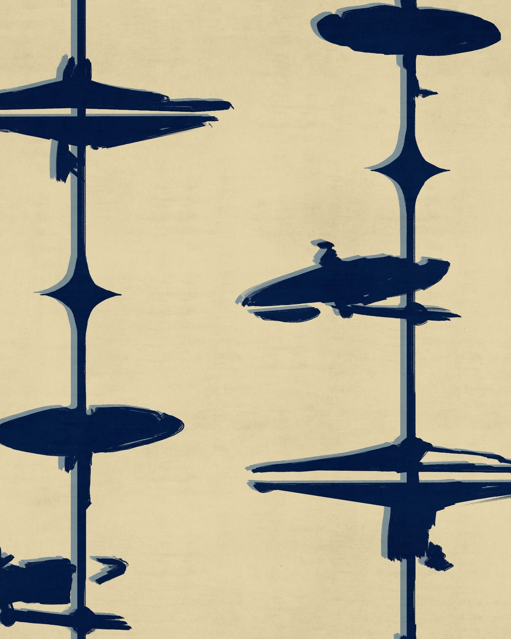 Indigo blue painterly abstract shapes on warm beige background with vertical layout