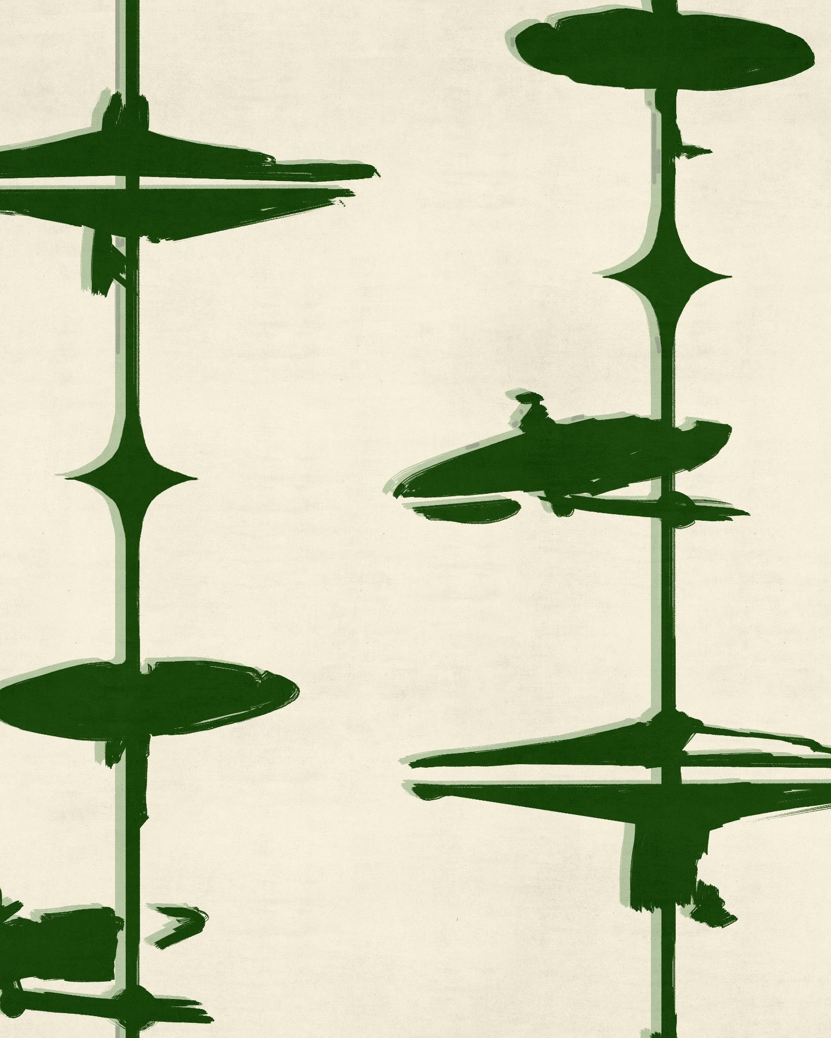 Green painterly abstract shapes on cream background with vertical composition