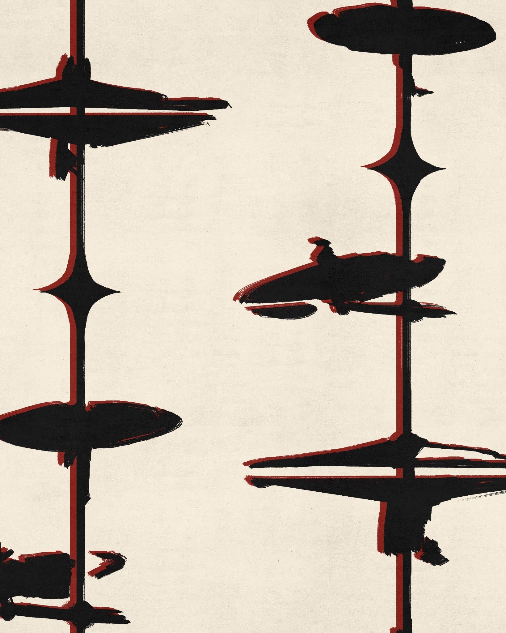 Black painterly abstract forms with bold red outlines on cream background