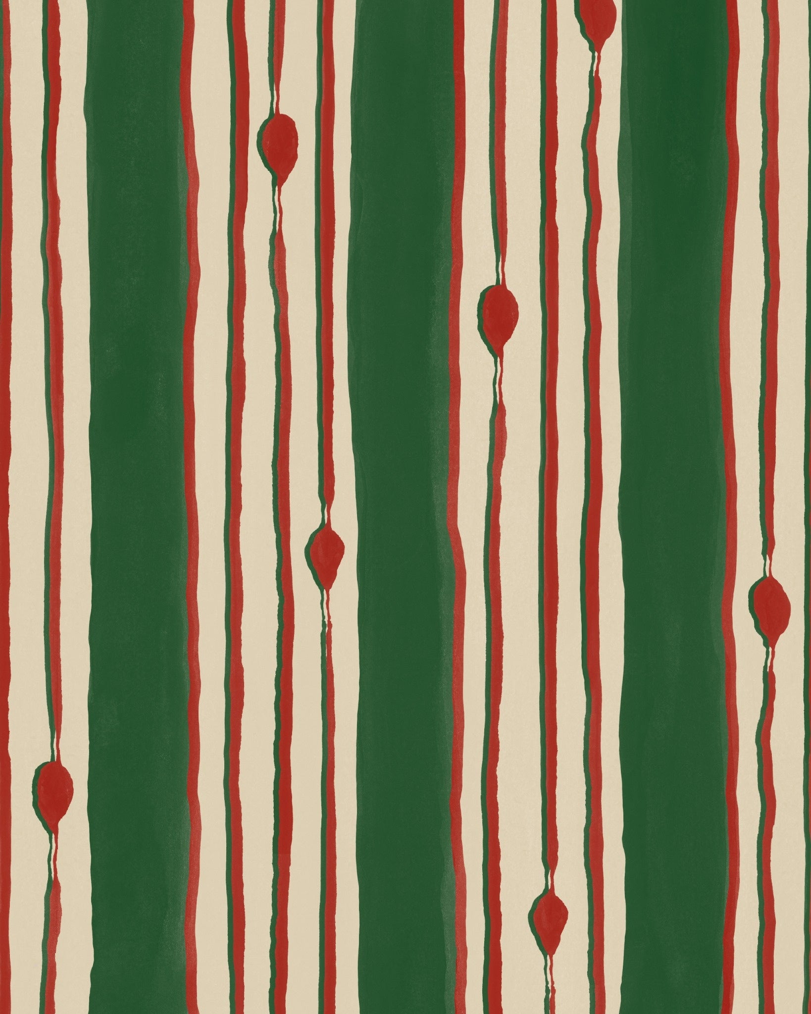 Green and red vertical stripe design with abstract balloon like forms on cream background