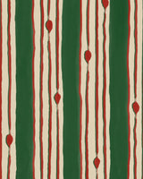Green and red vertical stripe design with abstract balloon like forms on cream background