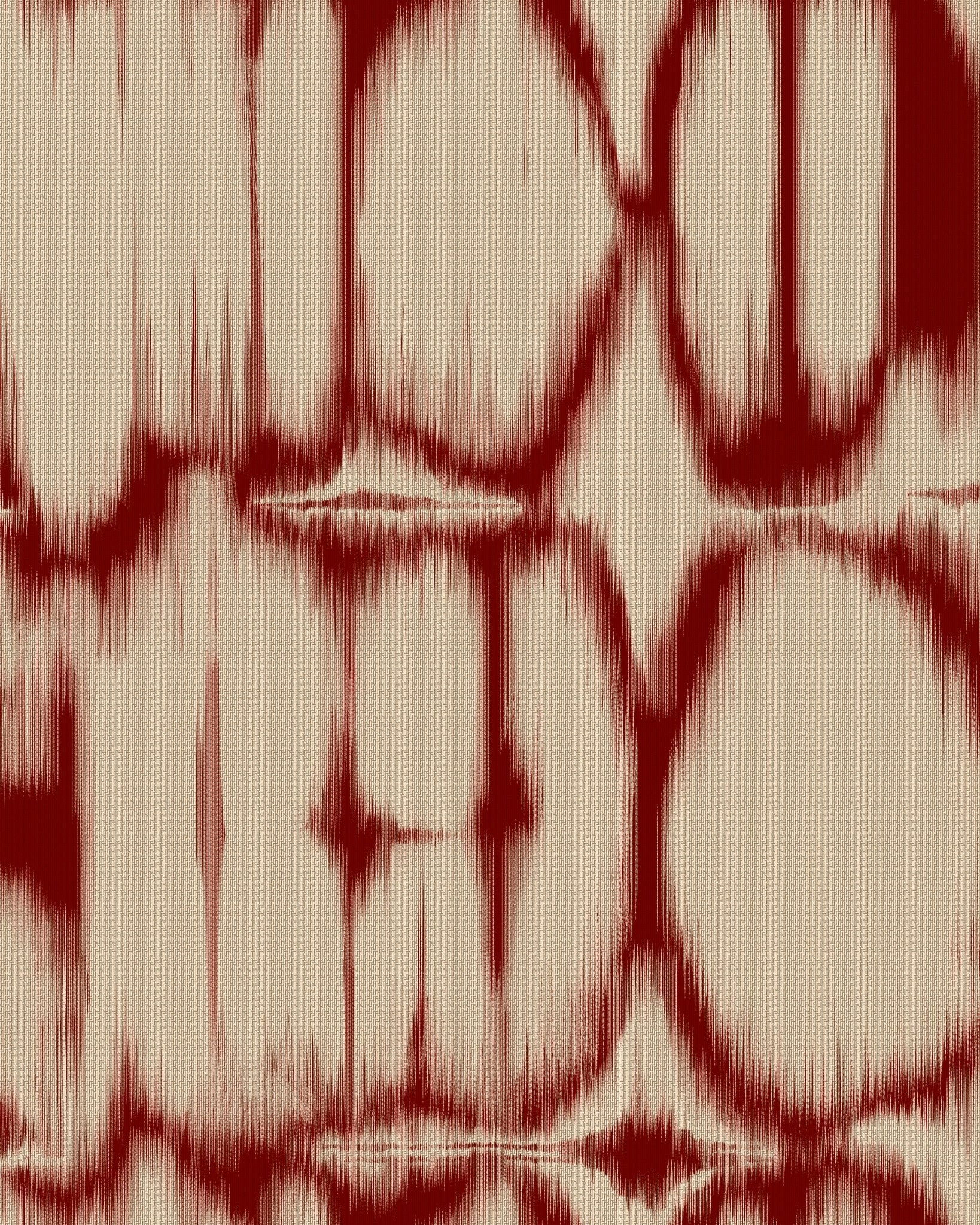 Taupe and burgundy blurred ikat-style textile abstract design on soft beige base