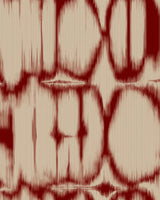 Taupe and burgundy blurred ikat-style textile abstract design on soft beige base