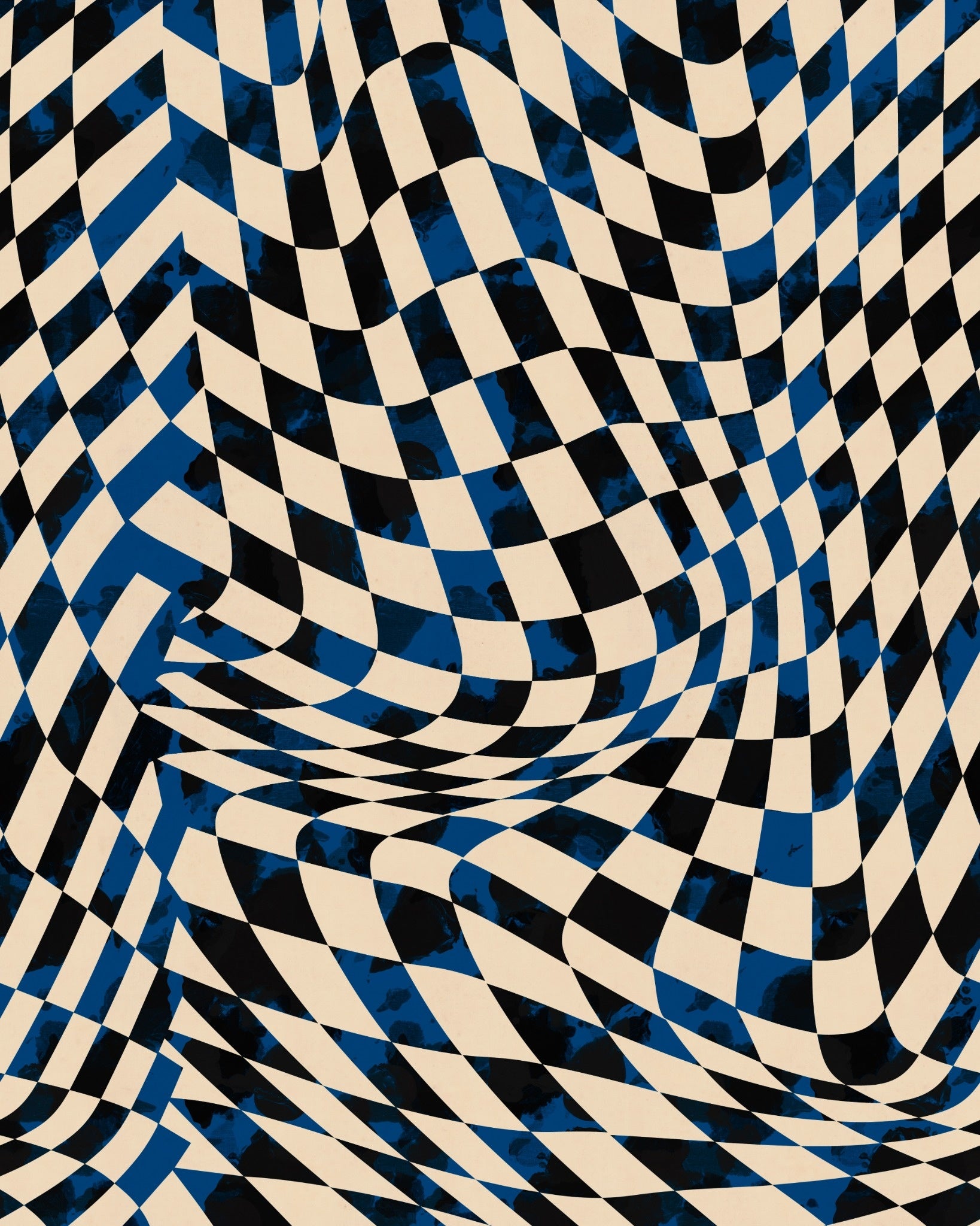 Abstract warped checkered pattern in blue, black, and cream tones with fluid motion effect