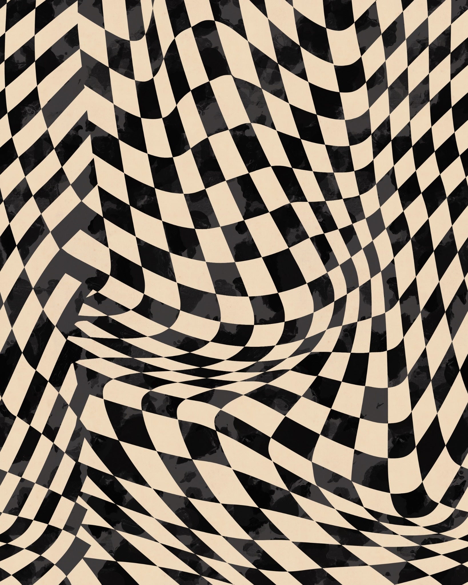 Monochrome black and grey checkered pattern with dynamic warped grid and textured overlay
