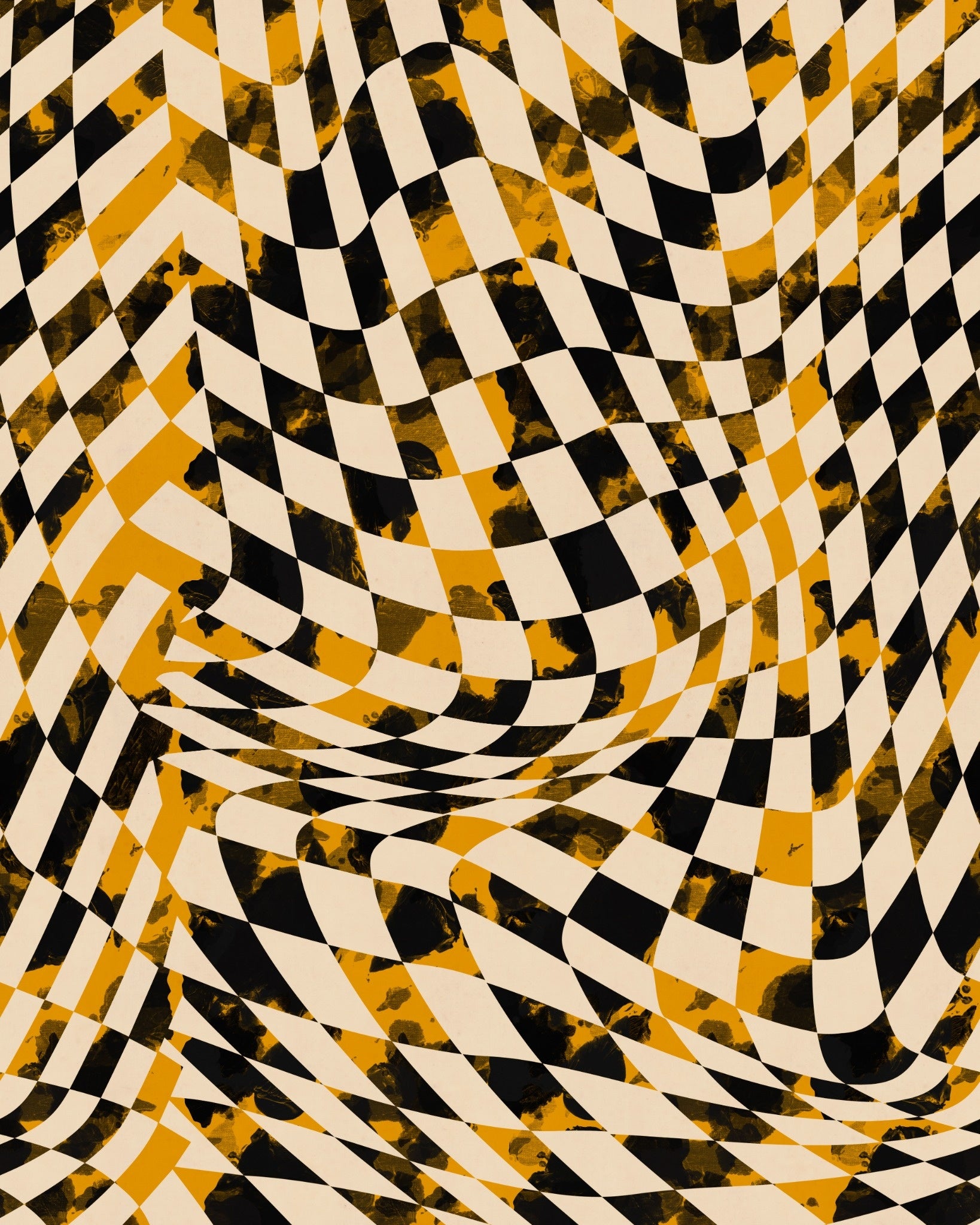 Dynamic black, yellow and cream warped checkered design