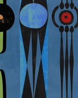 Retro abstract shapes in azure blue, black, green, and red on textured blue background