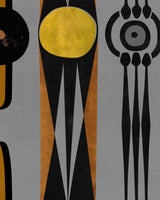 Contemporary abstract design with yellow, black, and red motifs on grey background