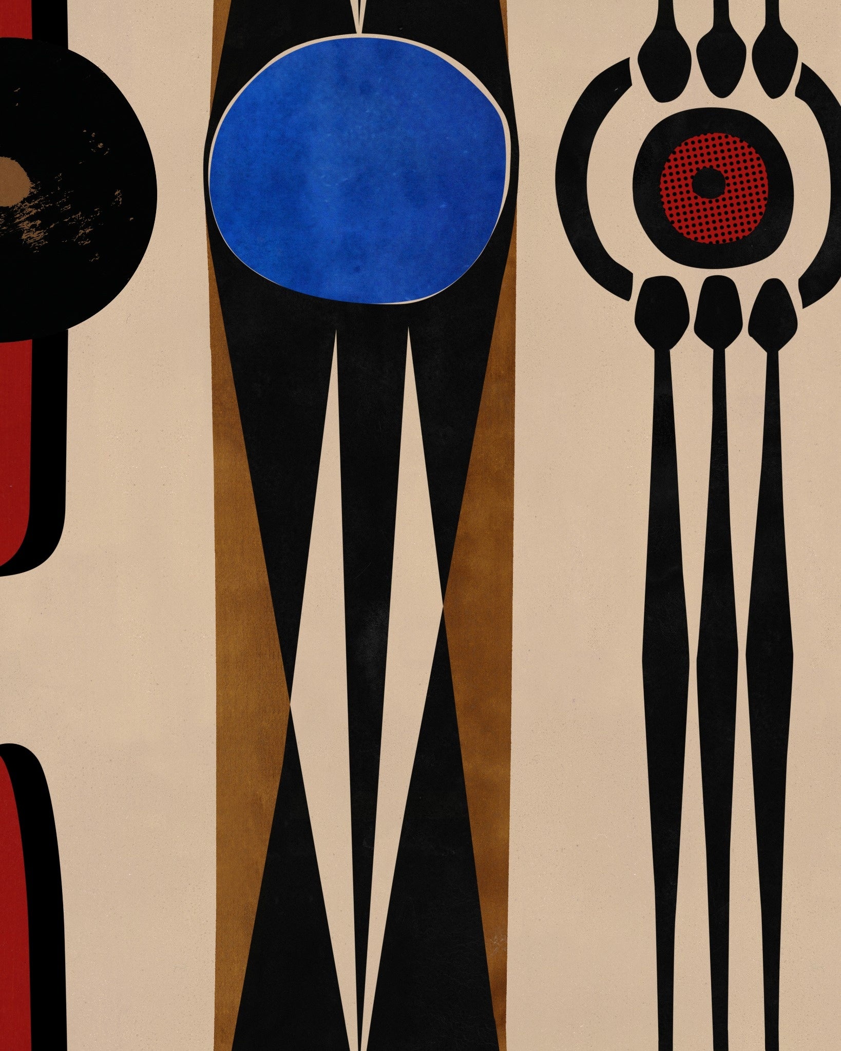 Mid-century modern artwork with abstract blue, black, and red graphic elements on cream