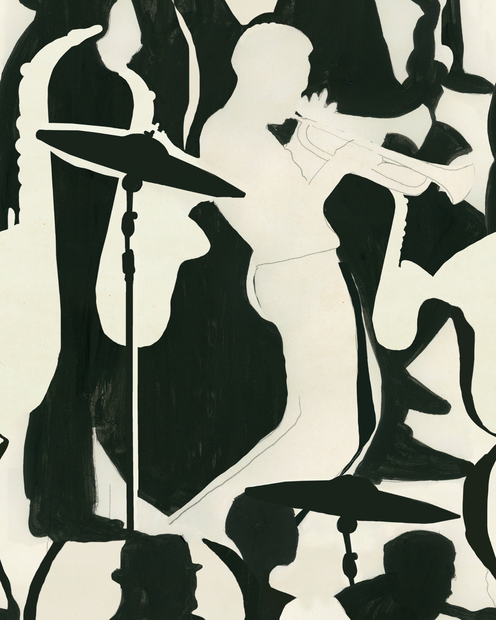 black background with cream silhouette shapes of instruments and musicians