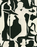 black background with cream silhouette shapes of instruments and musicians