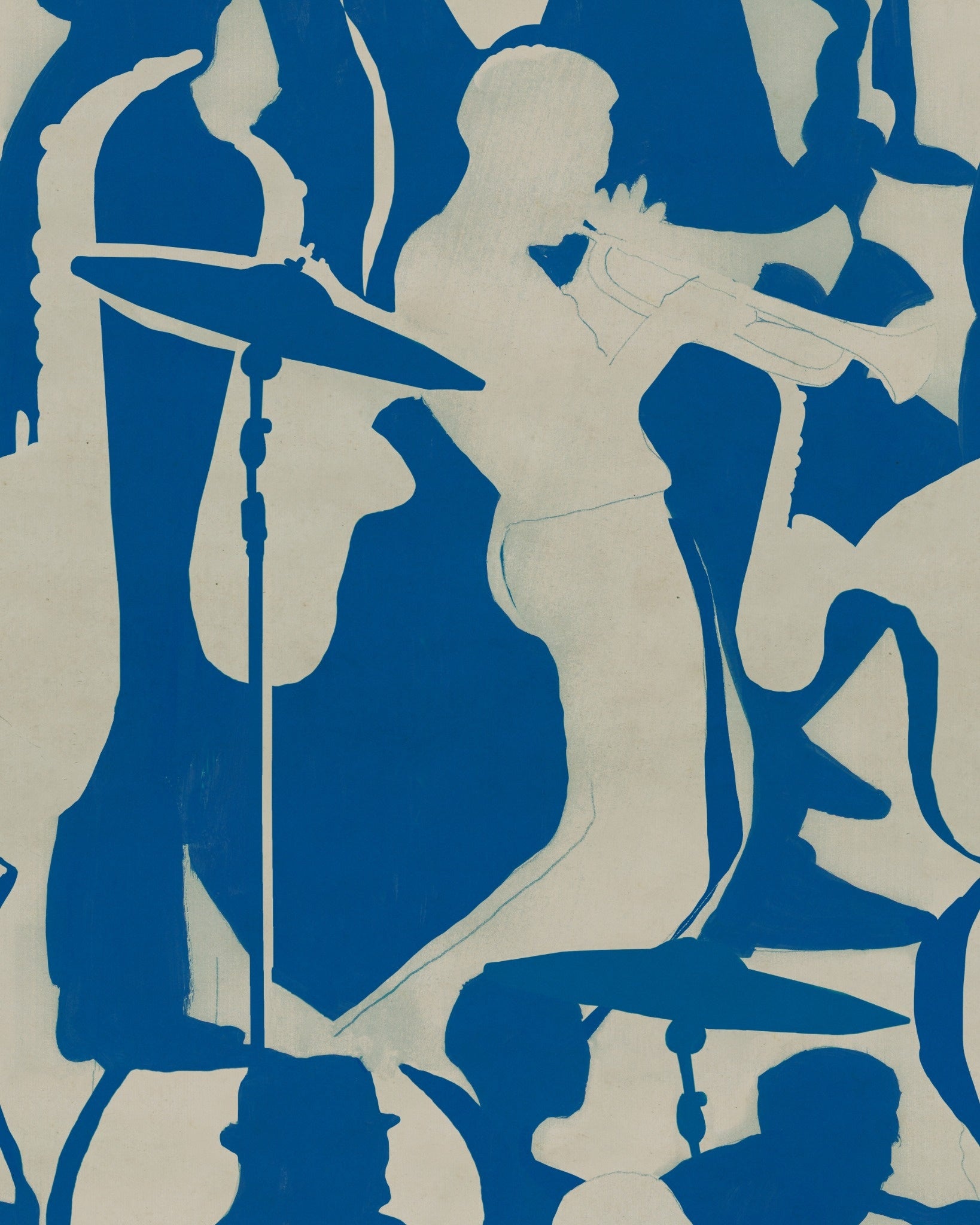 blue background with cream silhouette shapes of instruments and musicians