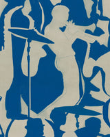 blue background with cream silhouette shapes of instruments and musicians