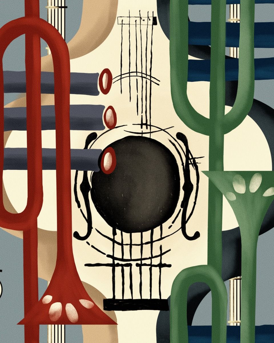 Abstract art featuring red and green trumpets, black guitar, and layered geometric shapes on a cream background.