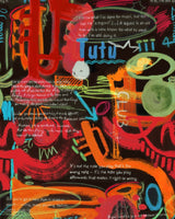 Dark version of colourful abstract music wall with neon-style highlights and handwritten quotes.