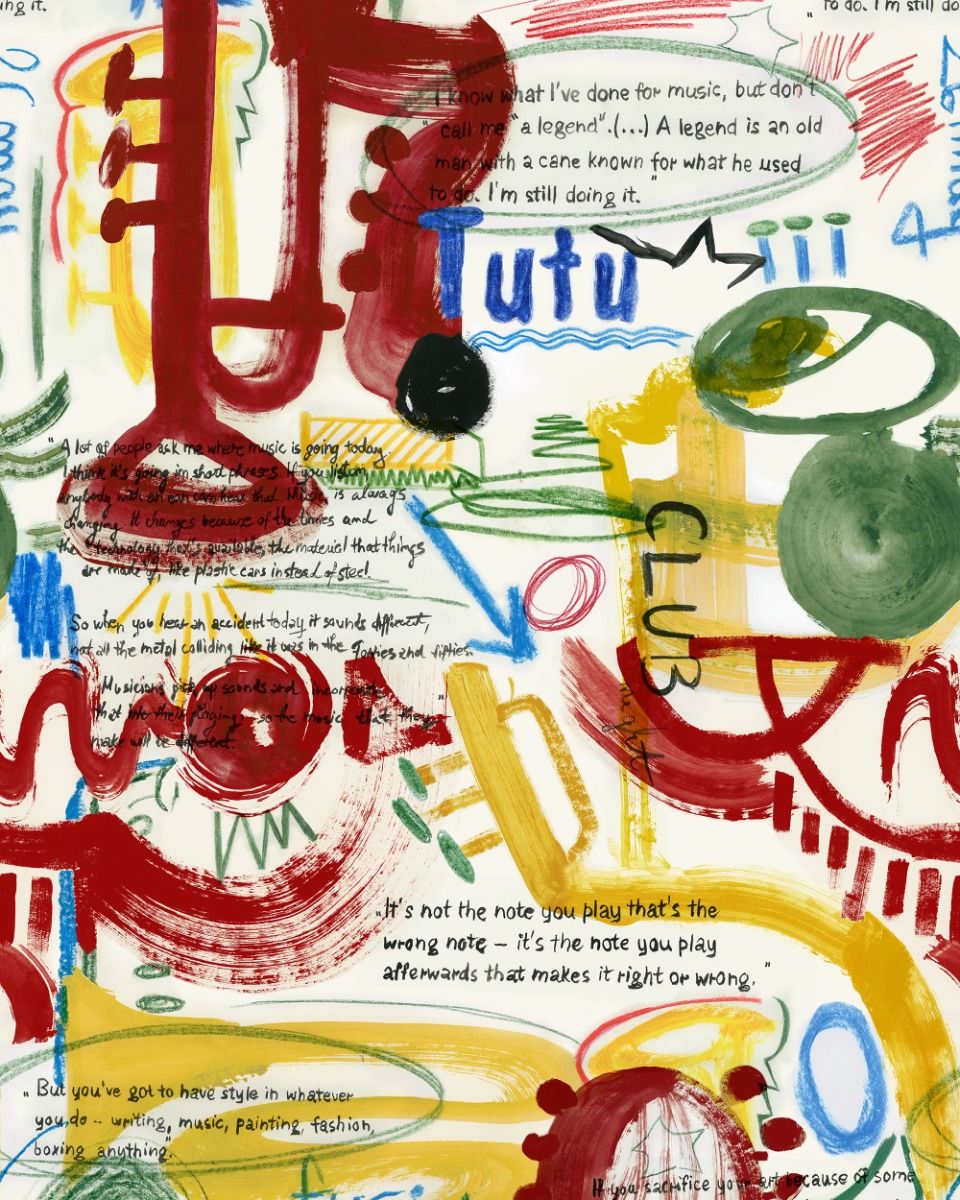 Close-up of vibrant abstract wall art with music symbols, notes, scribbles and handwritten inspirational quotes.