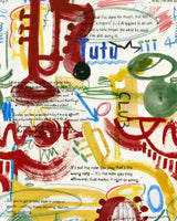Close-up of vibrant abstract wall art with music symbols, notes, scribbles and handwritten inspirational quotes.