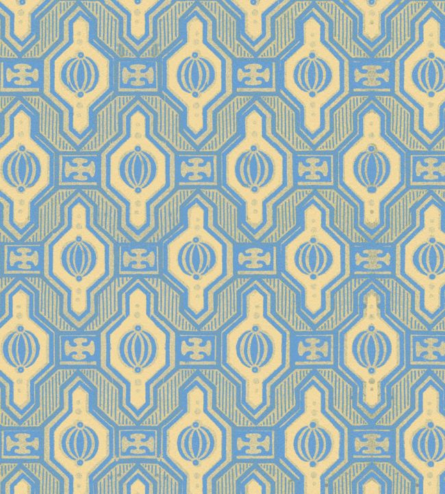 Vintage-inspired wallpaper with an intricate geometric pattern in soft blue and cream tones. A timeless design perfect for elegant, classic interiors