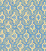 Vintage-inspired wallpaper with an intricate geometric pattern in soft blue and cream tones. A timeless design perfect for elegant, classic interiors