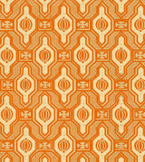 A warm-toned geometric wallpaper in burnt orange and cream. Classic motifs and fine details bring an Art Deco-inspired charm