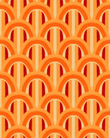 A retro-inspired wallpaper with warm orange and red arches over striped backgrounds, creating a layered, structured pattern