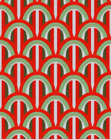 A vibrant wallpaper with red, green, and white arches over a striped background, giving a bold and festive feel