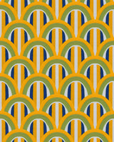 right and cheerful wallpaper with yellow, green, and blue curved arches, bringing a lively, retro-inspired energy to the space