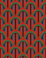 Deep and moody wallpaper with red, green, and dark blue overlapping arches, forming a bold and dramatic geometric design