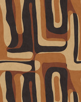Bold abstract wallpaper featuring flowing organic shapes in black, caramel, and beige, evoking a vintage 1970s-inspired retro aesthetic