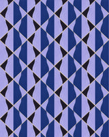 Bold geometric wallpaper featuring a dynamic diamond pattern in shades of blue, black, and lilac with gold accents. A striking, modern statement design.