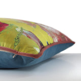 Side view of a romantic french floral on a vibrant chartreuse base colour with blush pink, coral and red peonies and poppies