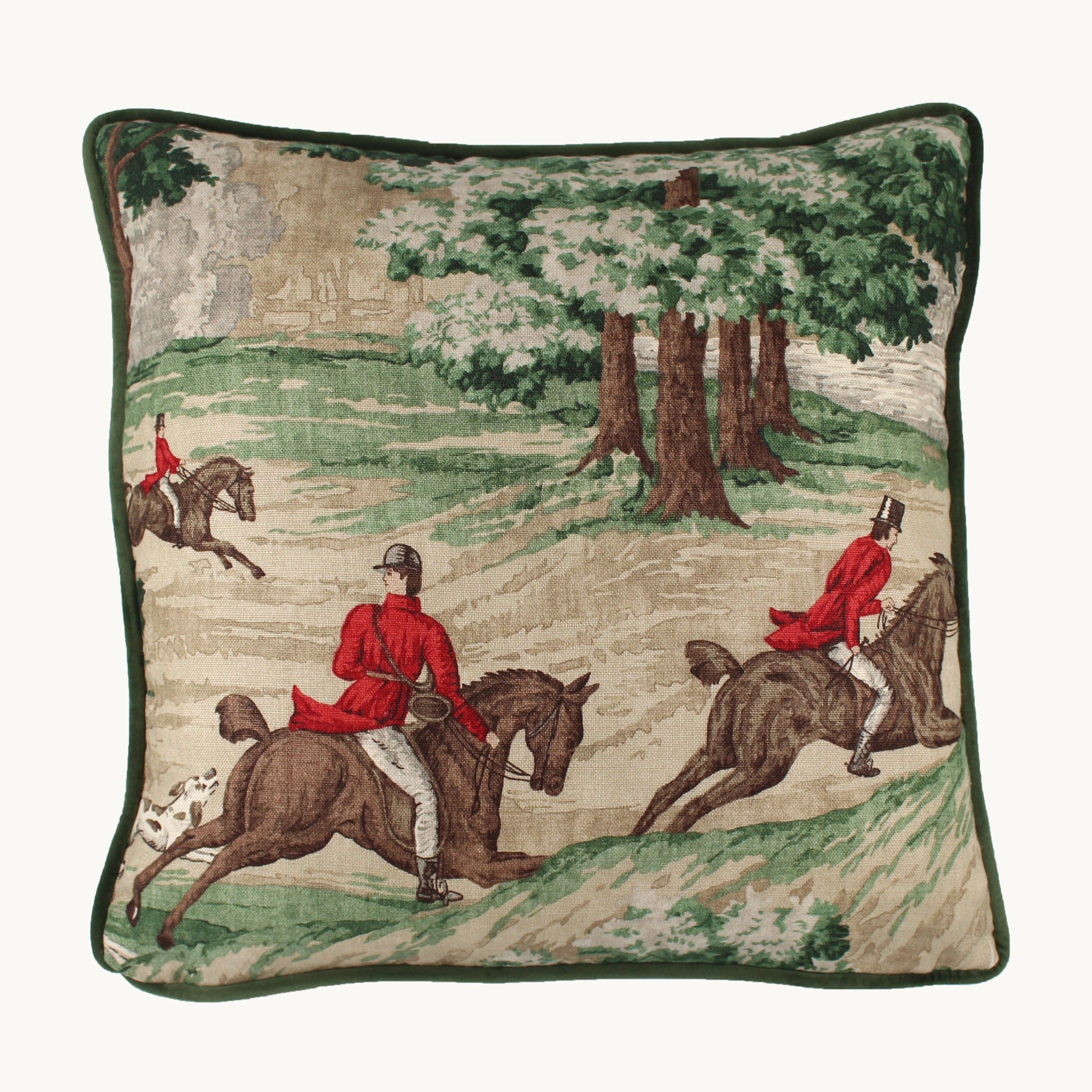 Photo of a linen cushion with a classic English hunting scene of horses and riders and hounds in green, red, brown and taupe