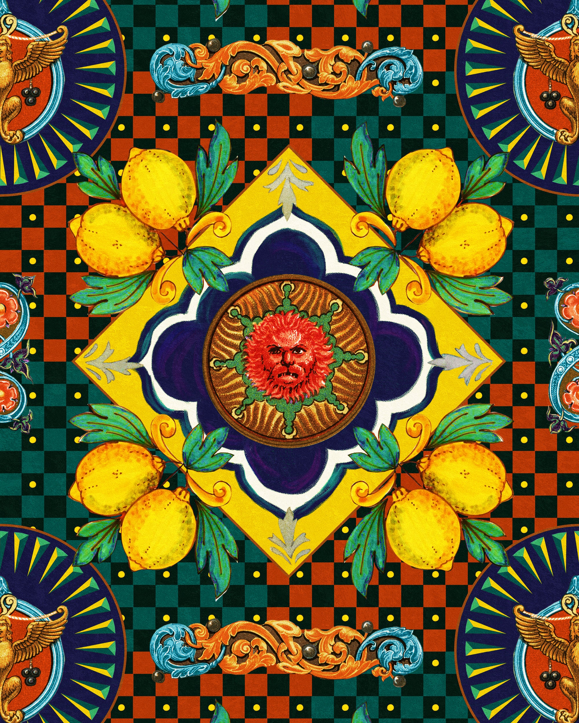 Amalfi wallpaper by Mind the Gap, featuring vibrant colours and dynamic geometric patterns on a textured background. the pattern features lemons and mythical being faces. Main colours include yellow, dark blues,  greens and burnt orange