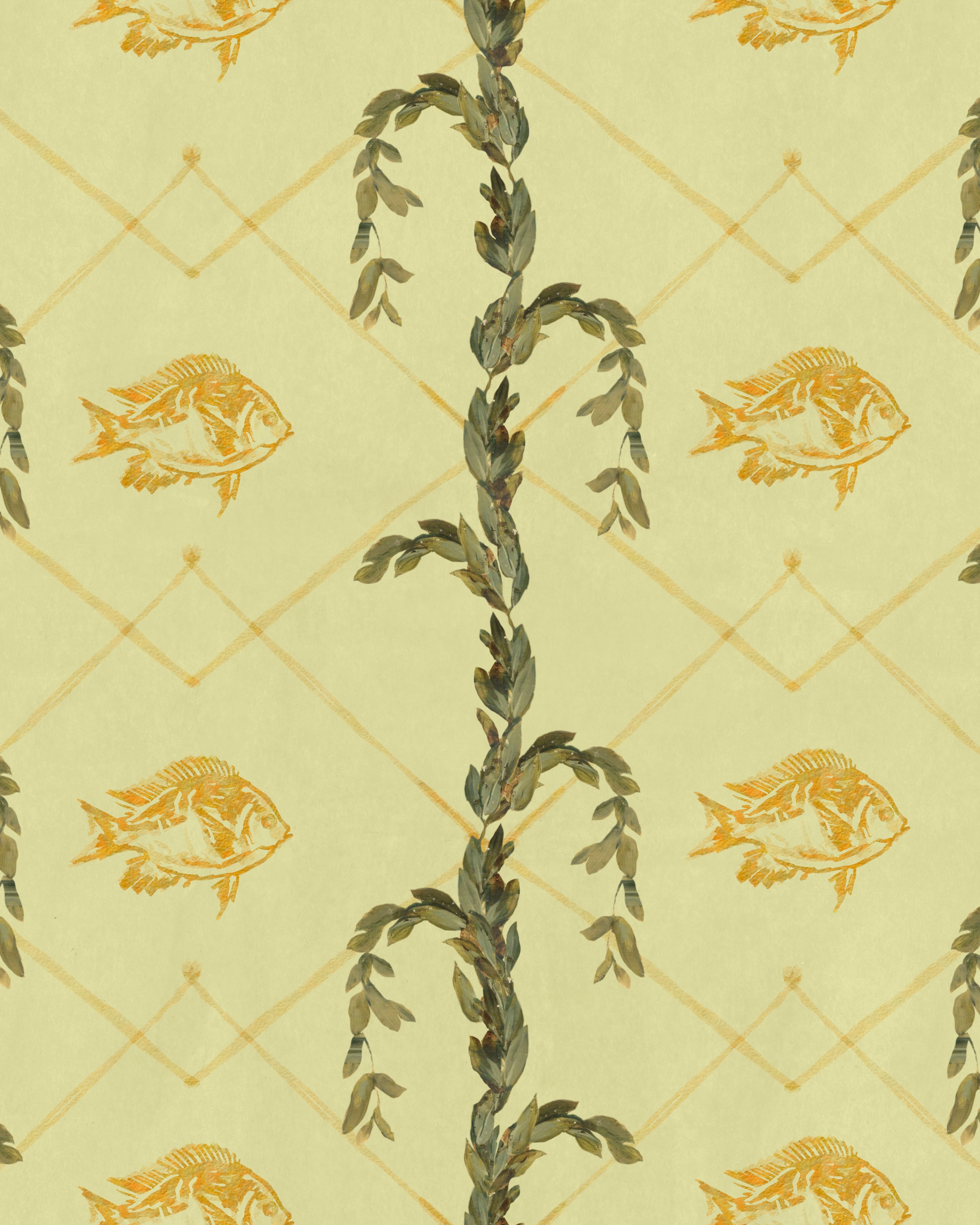 Watercolour green vine with leaves on a lemon-yellow background, flanked by darker yellow fish stamp-like patterns