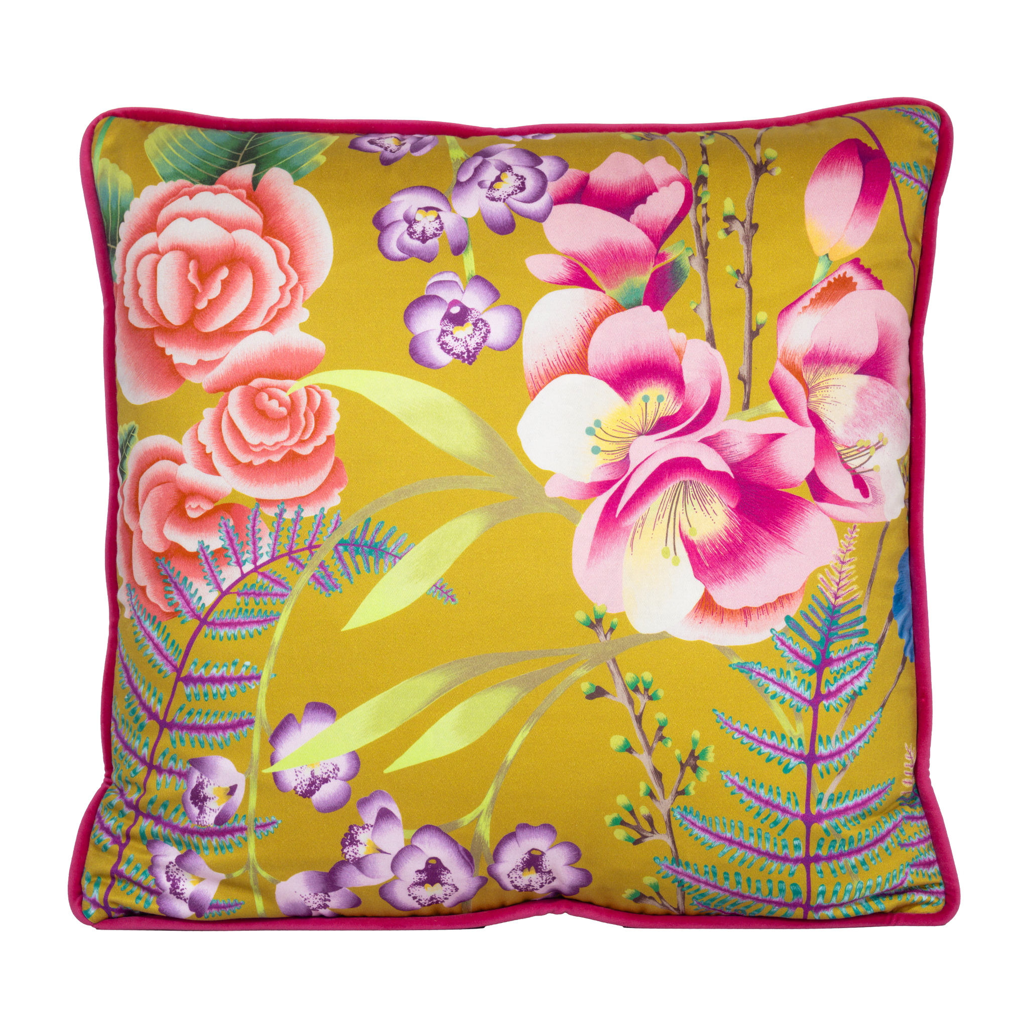 Brightly coloured floral cushion with pinks and purples and chartreuse colours