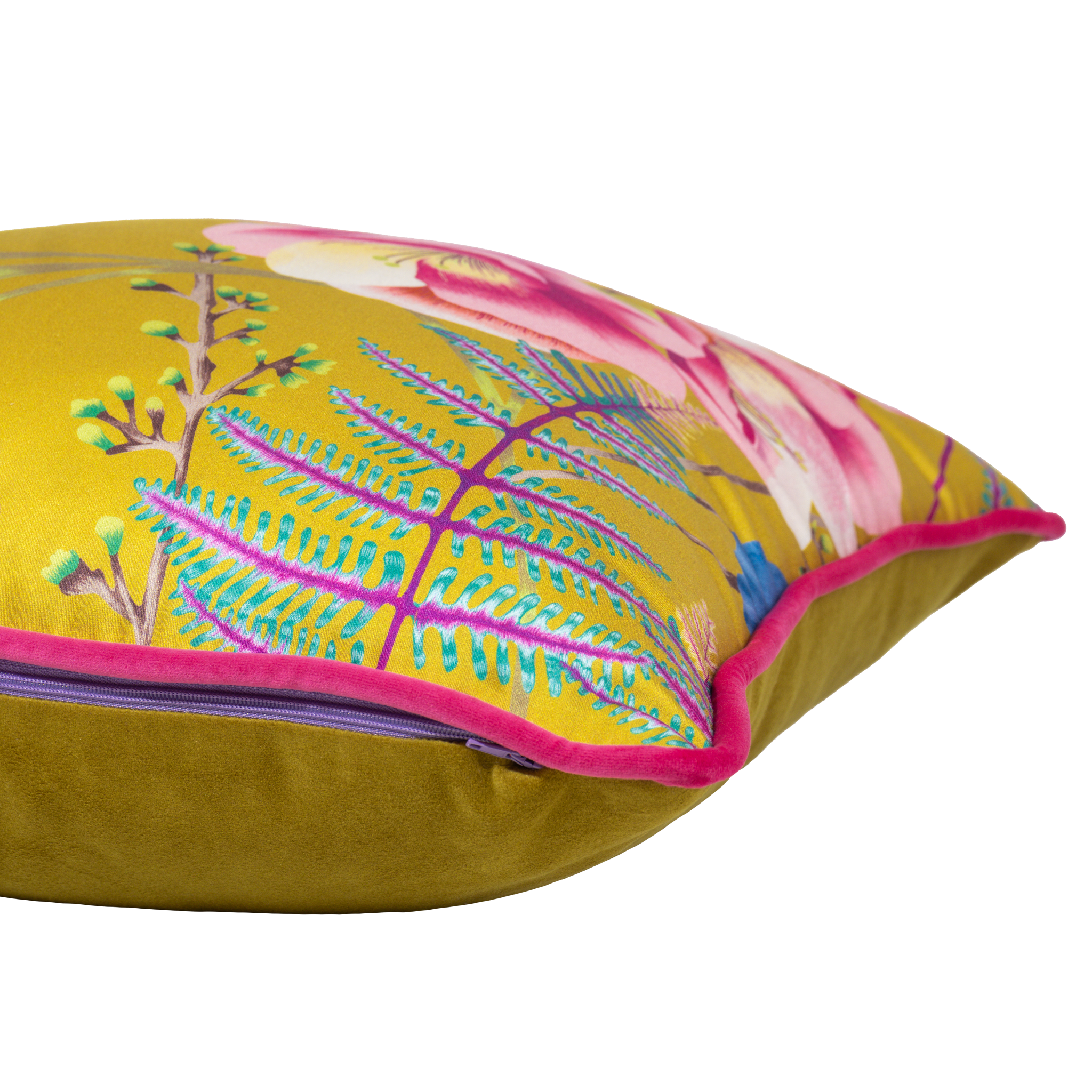 Brightly coloured floral cushion with pinks and purples and chartreuse colours