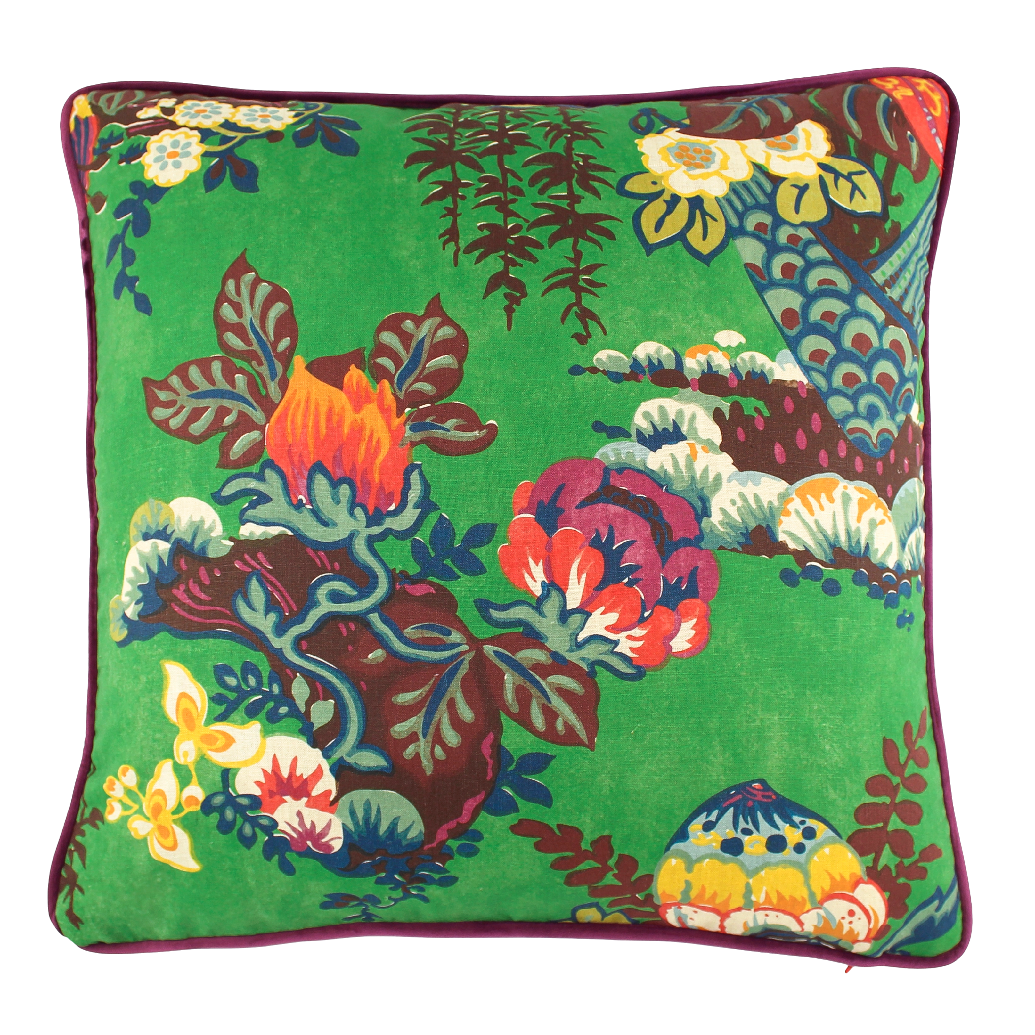 Cushion with a bright emerald background and large scale bunch of interesting flowers and branches in yellow, red, navy and chocolate.