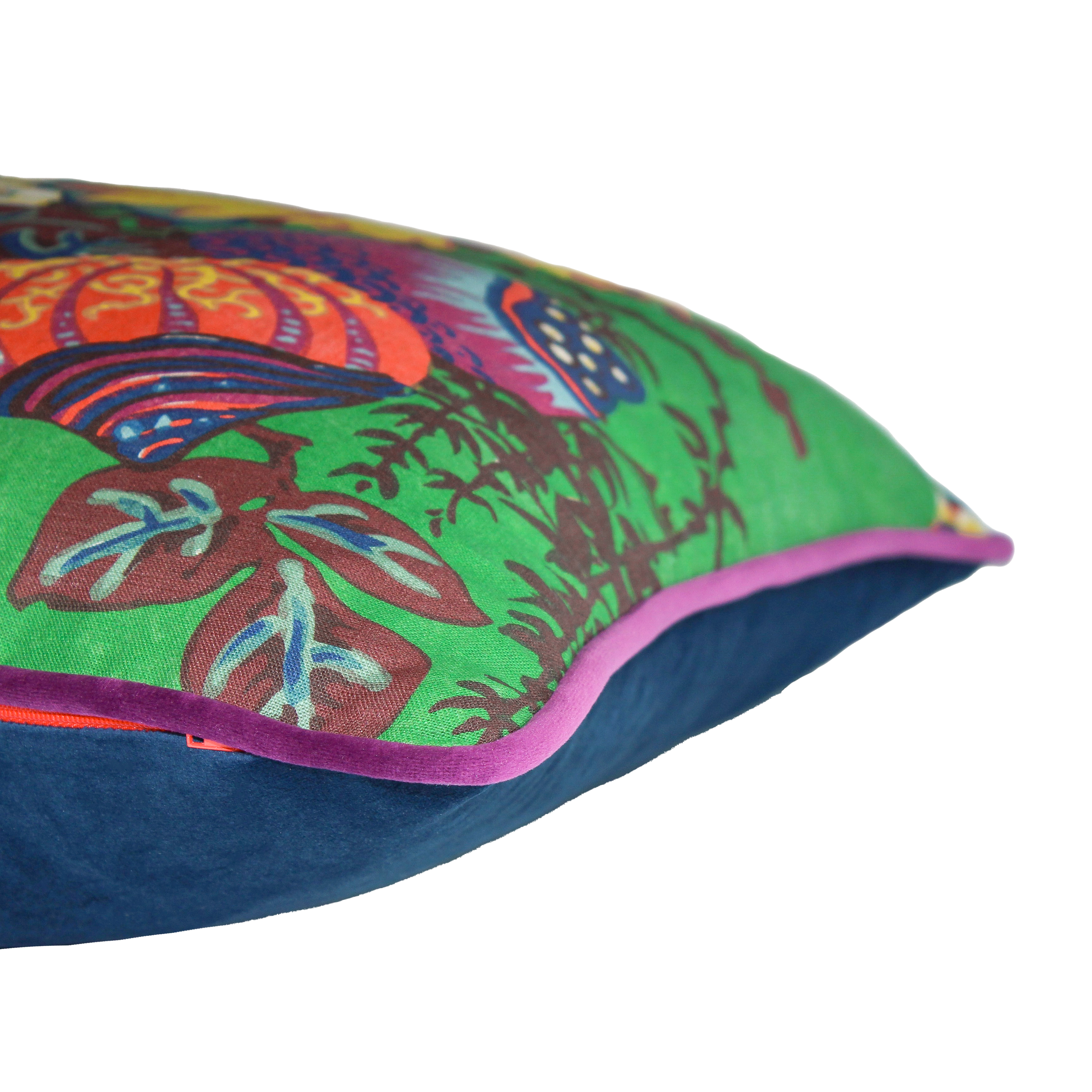 colourful floral cushion with an emerald green background