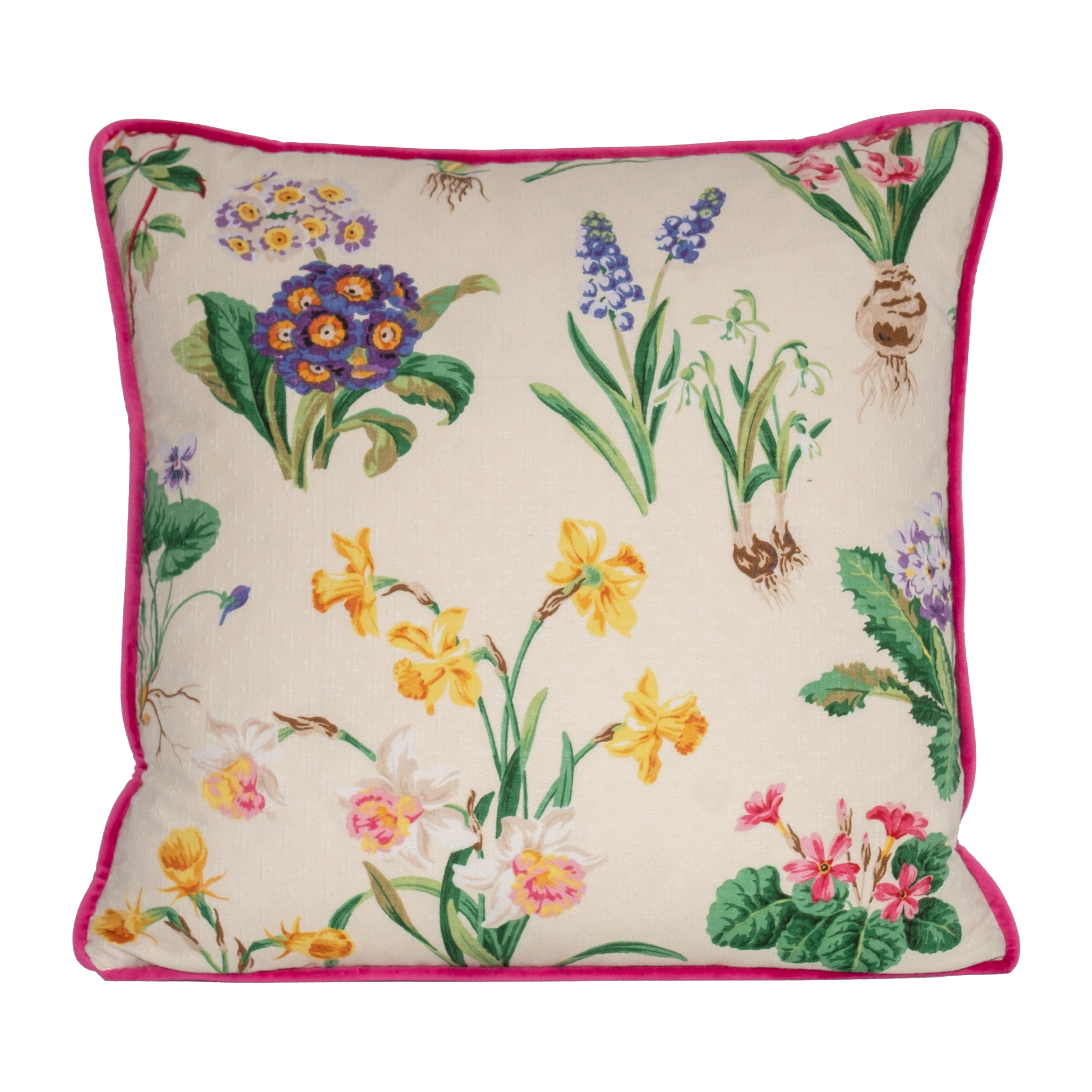 Floral cushion with a cream background and old English flowers