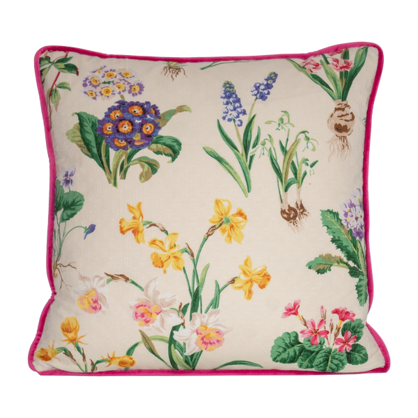 Floral cushion with a cream background and old English flowers