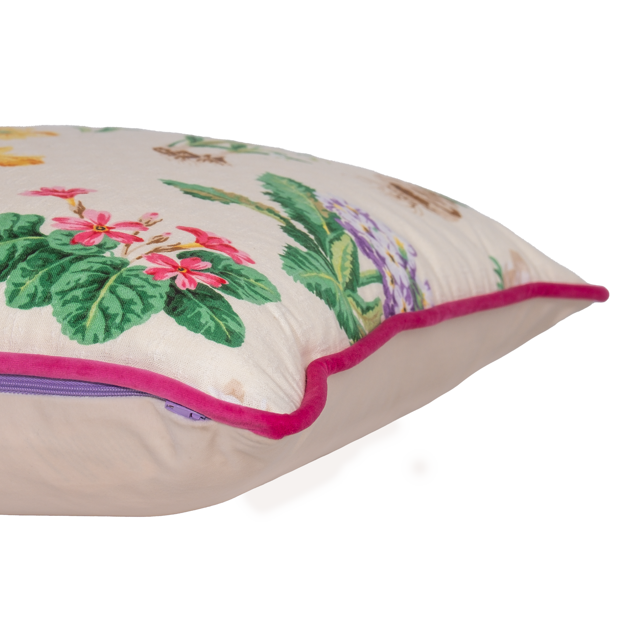 Floral cushion with a cream background and old English flowers