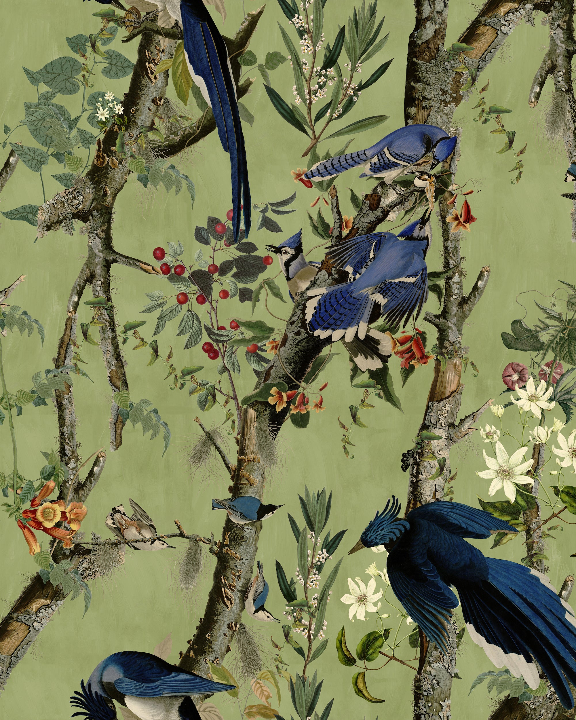 Vintage-style wallpaper of birds, flowers, and foliage in tones of beige, brown, green, and muted red.  hand-painted aesthetic.